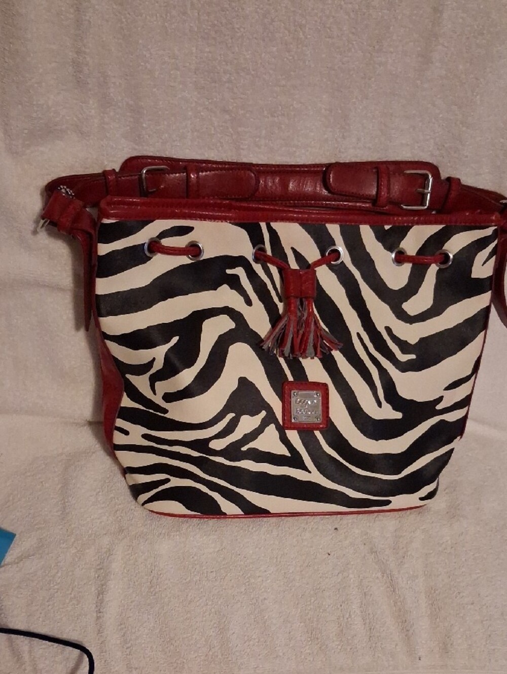 Dooney & Bourke Black and Cream Zebra-Print Shoulder Bag with Red Trim - Picture 4 of 14